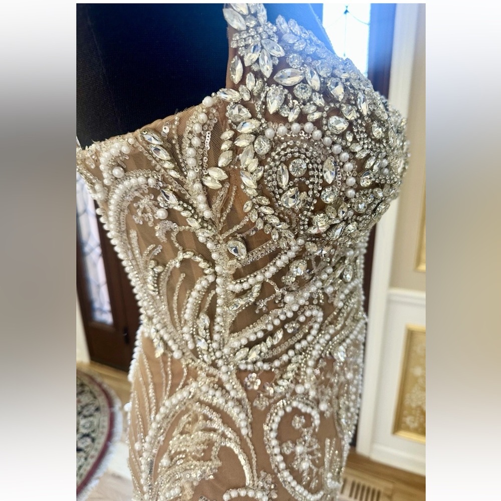 Crystal Beaded Engagement Bridal Sweetheart Neckline Custom Gown Beige Size 4 - Picture 5 of 16